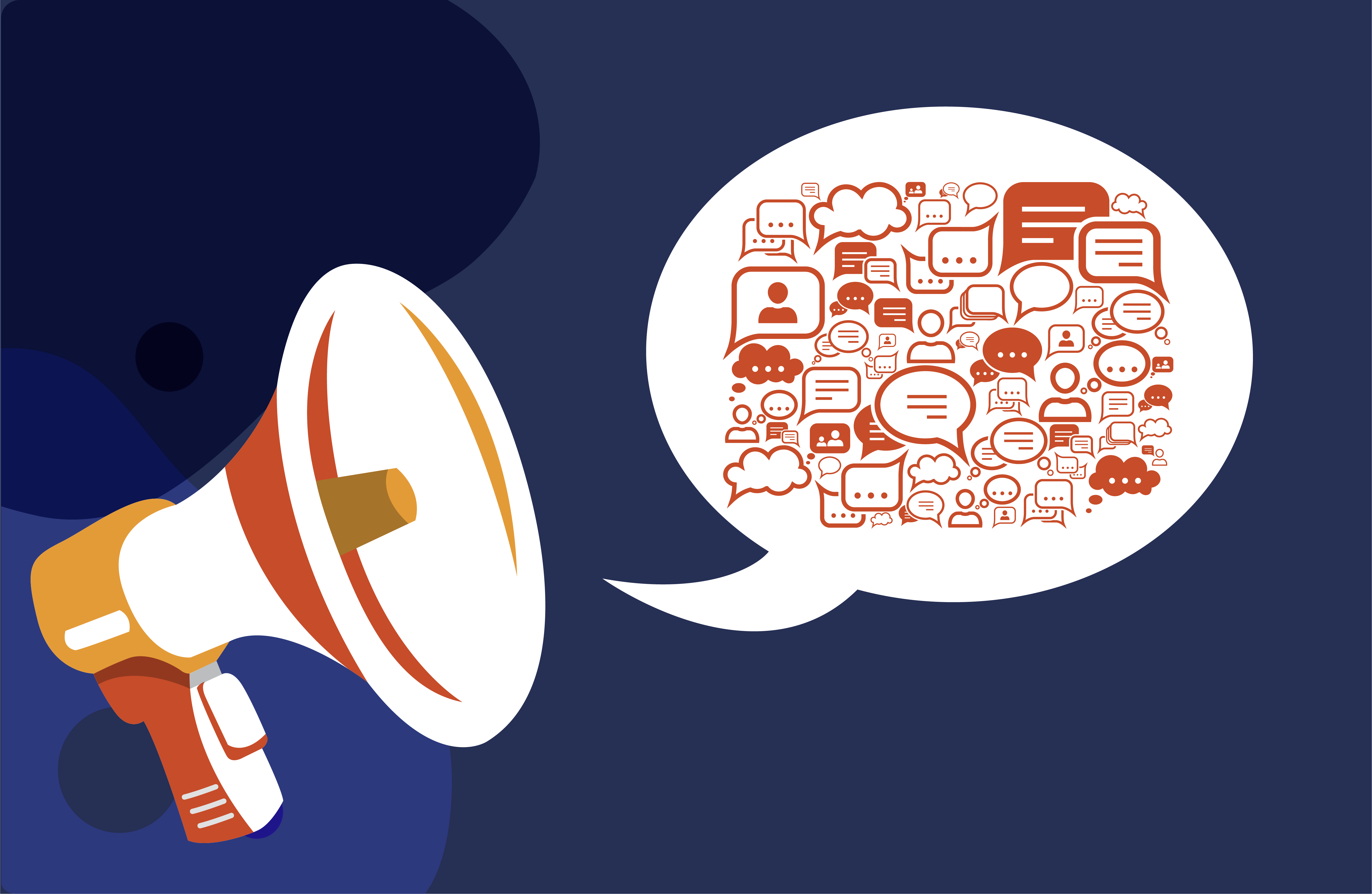 Illustration of a megaphone with a speech bubble full of chat icons