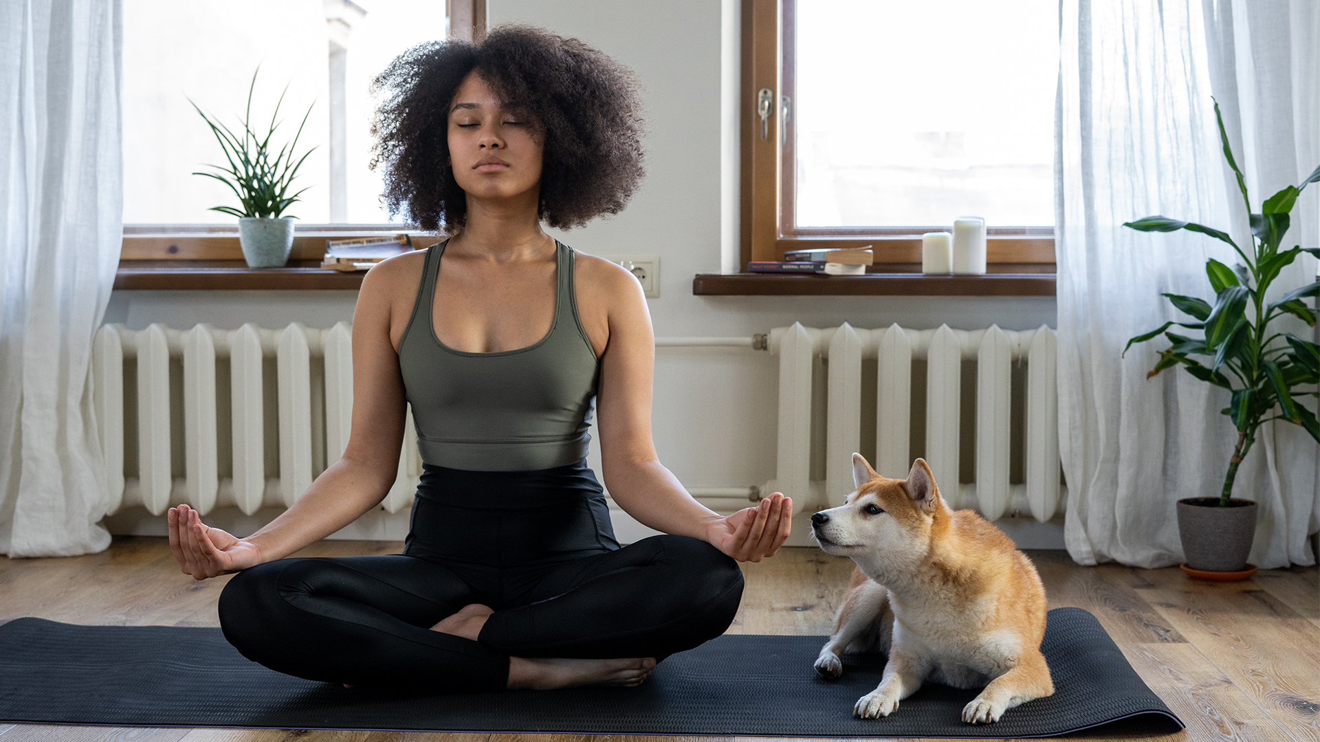 A person meditating next to a dog on a yoga mat